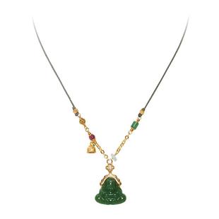 LEFTGO左戈正品天然财神爷吊坠黄口料和田青玉项链编织绳女款碧玺