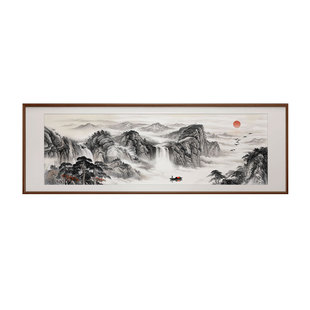 迎客松挂画新中式入户玄关客厅茶室装饰画横版风景山水画客厅壁画