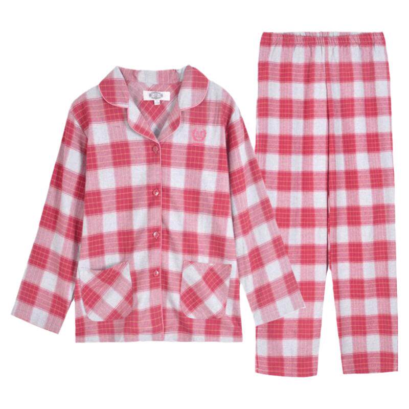 美标睡衣女【100%纯棉】梭织磨毛全棉家居服套装春秋冬格子加大码