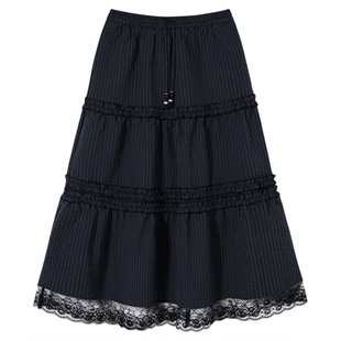 PSO Brand女装复古蕾丝休闲显瘦格子半身裙中长款A字长裙棕色裙子