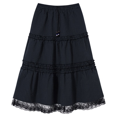 PSO Brand女装复古蕾丝休闲显瘦格子半身裙中长款A字长裙棕色裙子