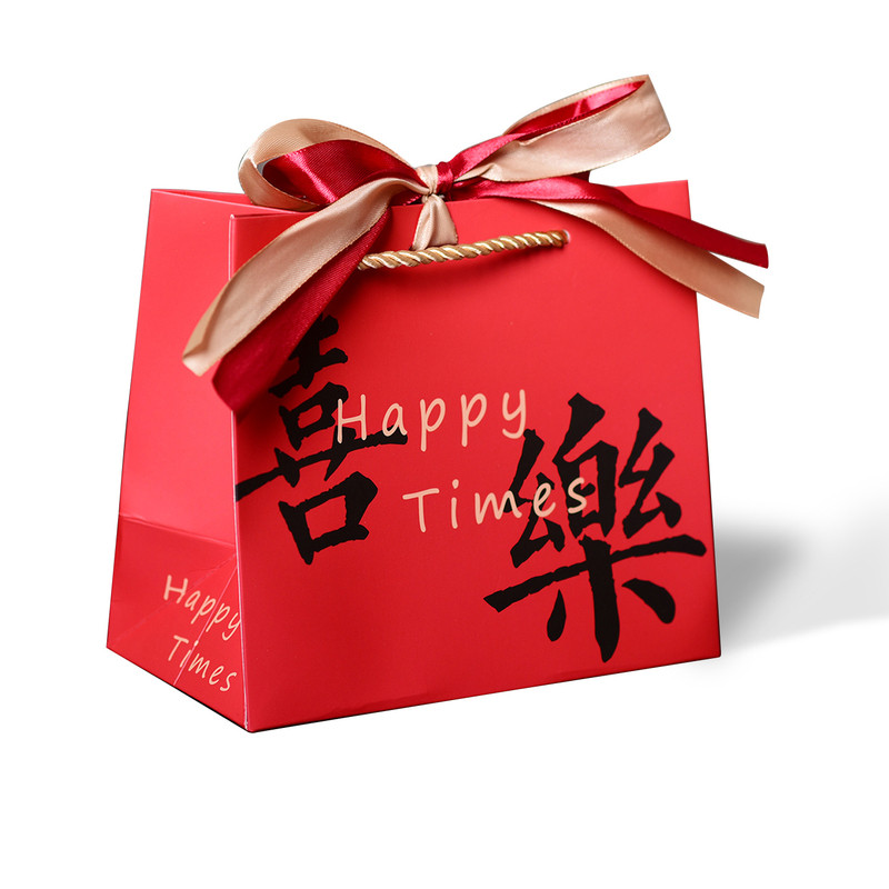 红色喜乐礼品袋中秋装袋年货手提袋过节纸袋现货通用丝带封口袋