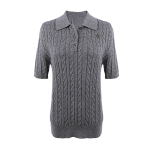 DeesseSicile高智分子深灰色绞花POLO领短袖针织衫复古显瘦上衣女