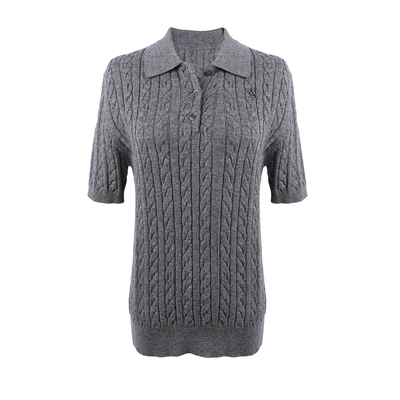 DeesseSicile高智分子深灰色绞花POLO领短袖针织衫复古显瘦上衣女