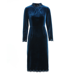 洋气高端金丝绒连衣裙女2026春秋新款复古改良版立领打底裙晚礼服