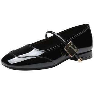 大东粗跟玛丽珍鞋女2026新款春季绝美气质方头单鞋黑色百搭小皮鞋