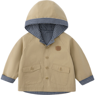 [全棉学院风]齐齐熊宝宝风衣外套男女童春款2026新款儿童连帽上衣