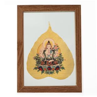 藏老喵菩提叶脉画小唐卡摆件 相框桌摆小物件 绿度母黄财神摆台画