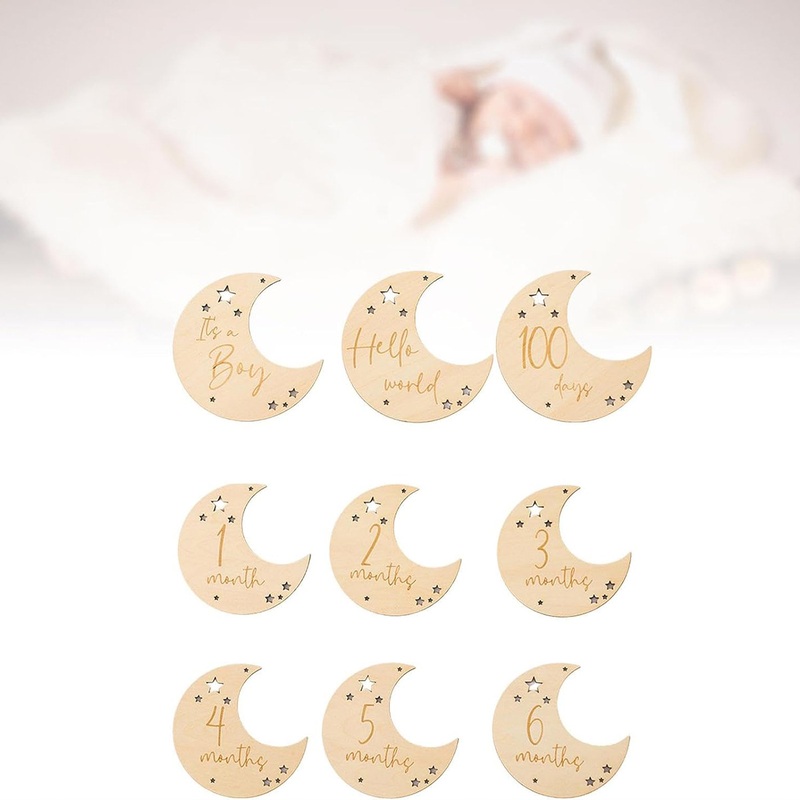 跨境月亮款式婴儿里程碑双面拍照月份牌拍摄新生儿道具木质卡文字