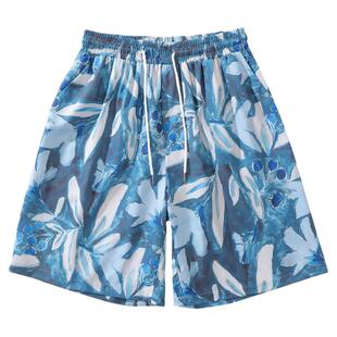 From Mars 蓝色涂鸦油画花朵满印短裤潮牌夏威夷风宽松休闲沙滩裤