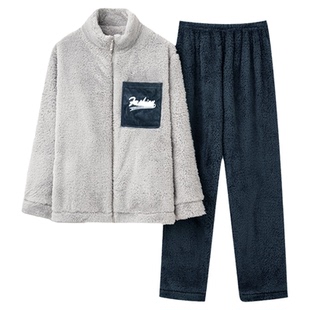 全棉纯棉长毛绒睡衣男秋冬新款珊瑚绒套装青年男款加绒加厚家居服