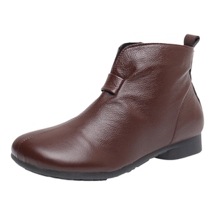 春秋款真皮短靴女平底舒适圆头妈妈女靴单皮裸靴保暖加绒女鞋棉靴