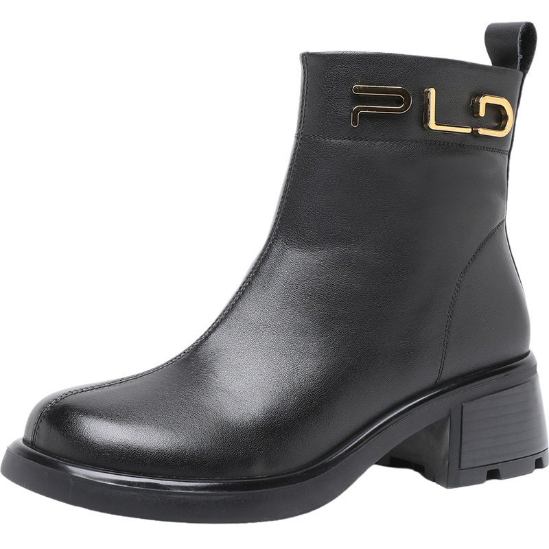 新款加绒粗跟短筒马丁靴