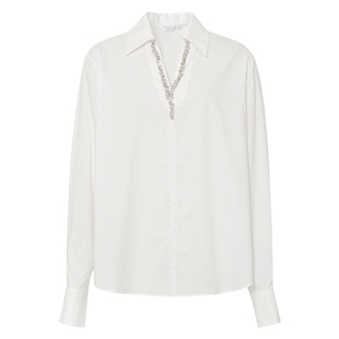 伊芙丽深V翻领领口钉珠设计衬衫女2025春季新款百搭设计感小上衣