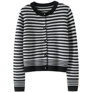 启超衣橱bi备系列~直筒纯羊绒衫女圆领条纹针织羊绒开衫毛衣外套