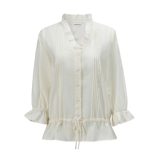 NON RESTRAIN法式荷叶边V领七分袖衬衫女通勤微透塔克褶抽绳衬衣