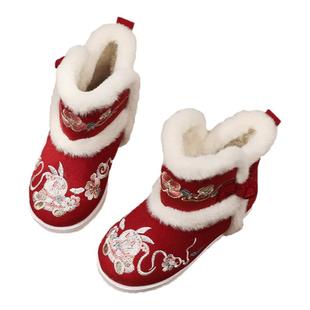 汉服鞋子女童冬季加绒古装古风儿童拜年绣花鞋雪地靴布鞋保暖棉鞋