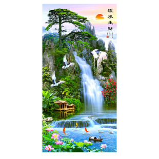 玄关山水画墙贴自粘装饰画流水生财风景画客厅入户正对门壁纸挂画