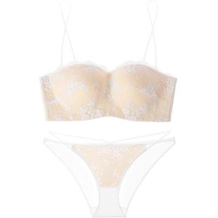 好奇蜜斯防走光抹胸夏薄显胸小无肩带内衣女无钢圈防滑文胸罩套装