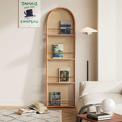 谷及实木简约屏风藤编艺术客厅房间移动小屏风隔断折叠书架置物架