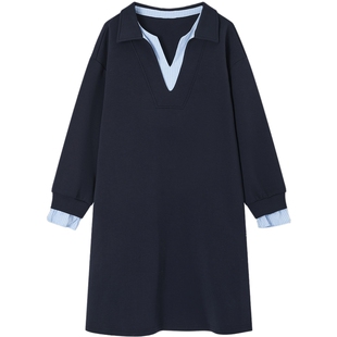 德玛纳撞色拼接V字翻领连衣裙女26春季新款舒适宽松小个子直筒裙