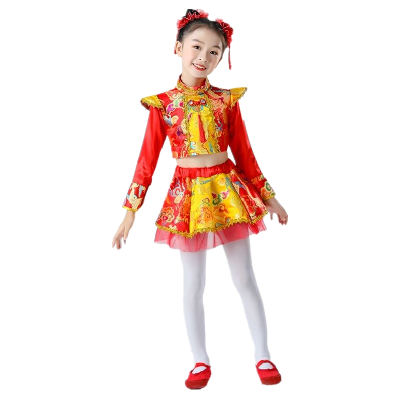 元旦儿童开门红喜庆服装打鼓服中国红舞蹈幼儿太平女儿鼓演出服装