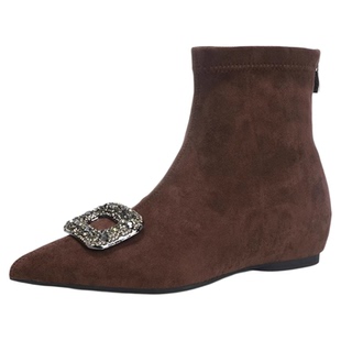 配阔腿裤绒面内增高短靴女秋冬棕色尖头水钻方扣法式低跟瘦瘦靴