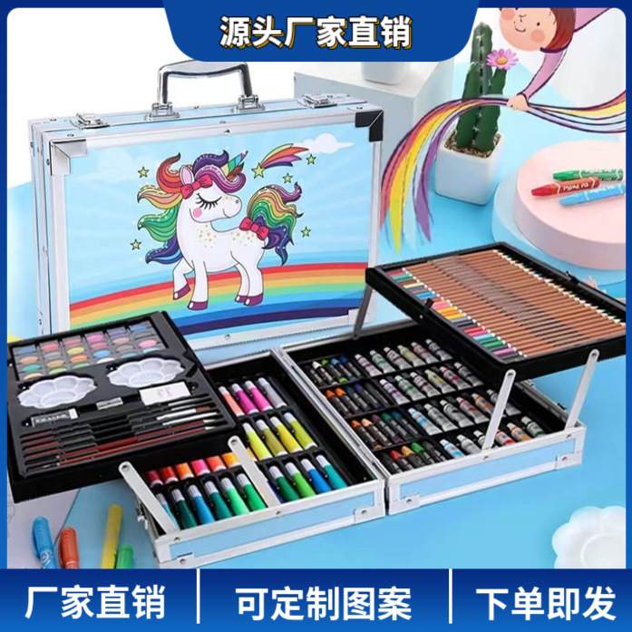 宁波文具145件铝盒画笔绘画套装学生水彩笔儿童涂鸦礼盒工厂出口
