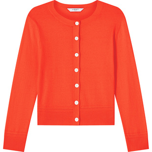 LK BENNETT橘红色针织开衫外套女春新款圆领长袖修身薄款外搭