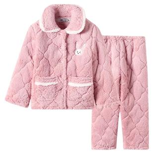 美标男女童舒棉绒夹棉保暖法兰绒睡衣套装冬儿童可爱珊瑚绒家居服