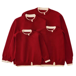 过年亲子装秋冬季全家福红色毛衣一家三四口新年母子母女装拜年服