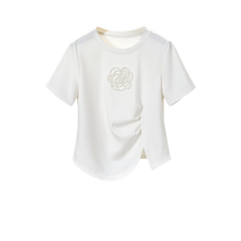 她池设计感不规则捏褶圆领T恤