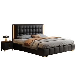 意式真皮床2米x2米2主卧双人大床软包床华夫床格实木储物卧室婚床