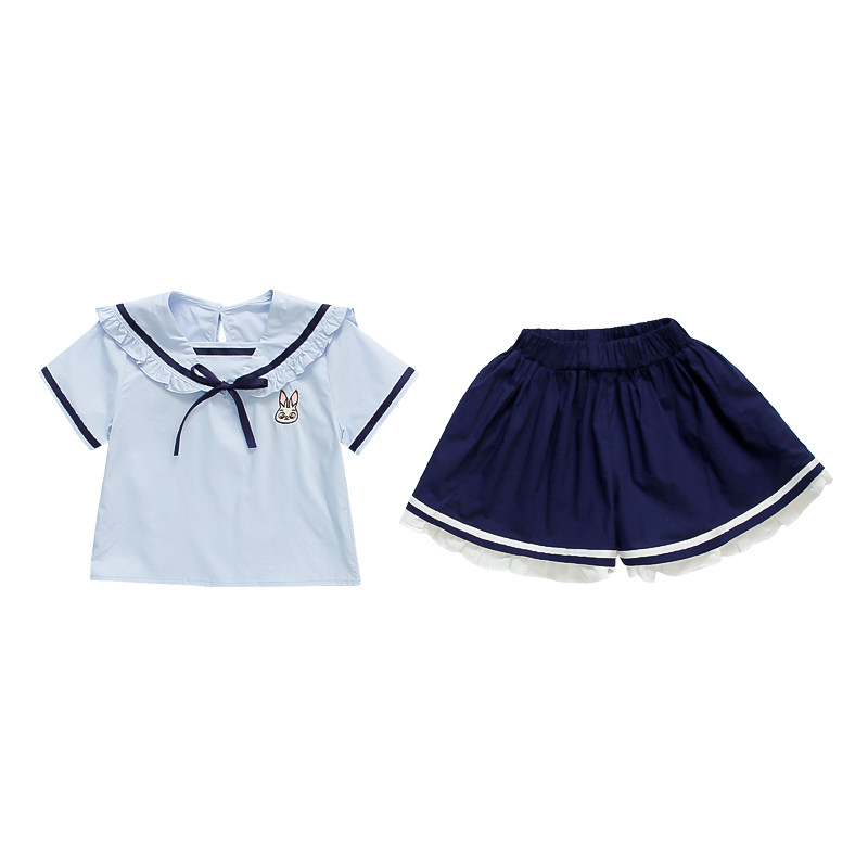 女童2026新款春装学院风兔子短袖衬衫短裤两件套装中小童春夏衣服