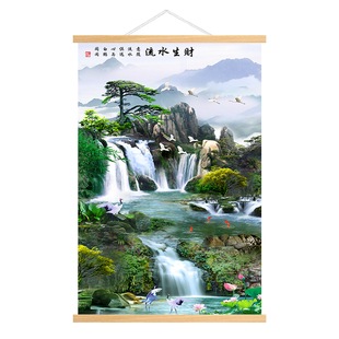 流水生财风景山水画挂画迎客松实木布艺装饰画客厅沙发办公室背景