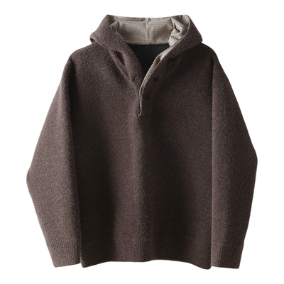 LUUD 高克重北极绒毛纱肌理毛衣男冬老钱风假两件千鸟格连帽卫衣