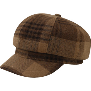 毛呢格子八角帽女士2025秋冬季英伦复古高级感帽子文艺报童画家帽