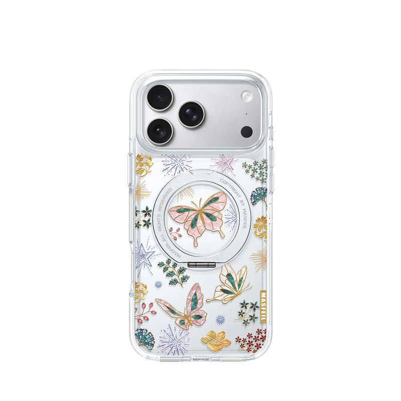 MASFEIL× 彩蝶衔春适用iPhone17Promax手机壳新款ip15磁吸带支架Go8苹果16Pro保护套支点透明高级感13pm好看