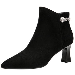 【静音系列】千百度粗高跟羊皮踝靴女2025冬季新款加绒短靴时装靴