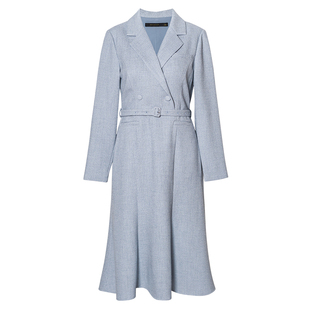 罗衣优雅系带浅蓝色西装连衣裙女春季新款时尚麻料中长裙子12794