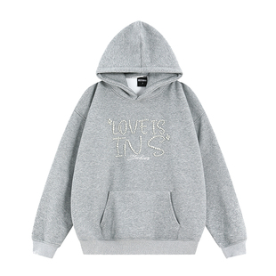 INSstudios 国潮牌情侣美式珍珠排版LOGO连帽卫衣宽松加绒帽衫男