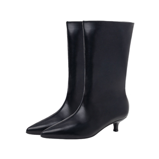 欧美靴子女2025春秋尖头显瘦中筒靴一脚蹬细跟女靴黑色皮面弹力靴