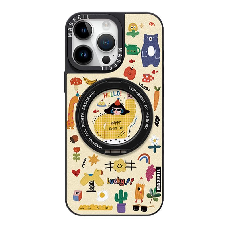 MASFEIL × 我很快乐联名适用苹果16Promax手机壳新款14磁吸带支架iPhone15Pro支点套高级感ip13pm全包女Co3