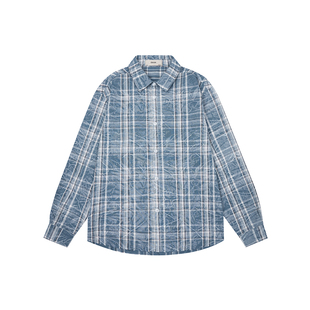CHINISM丨复古蓝格子长袖衬衫男秋季美式磨破做旧衬衣外套