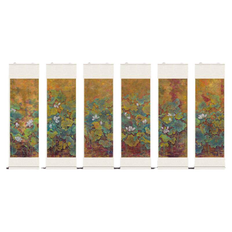 国画花鸟画荷花六条屏挂画卷轴中式壁画丝绸礼品送客户风水画套装