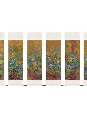 国画花鸟画荷花六条屏挂画卷轴中式壁画丝绸礼品送客户风水画套装
