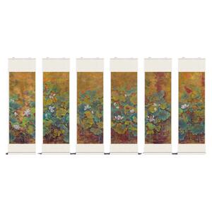国画花鸟画荷花六条屏挂画卷轴中式壁画丝绸礼品送客户风水画套装