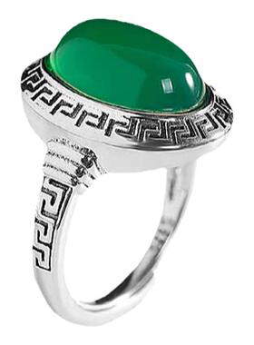 回纹边开口玛瑙指环绿玉髓复古