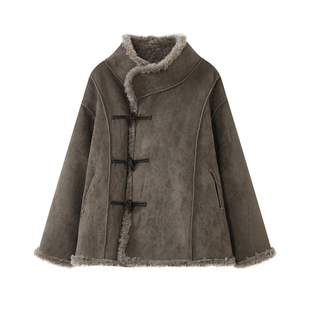 荒荒家大翻领磨砂绒外套2025冬季新款两面穿深咖灰皮毛一体夹克女