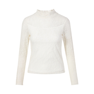 莱茵法式半高领蕾丝黑白色套头衫